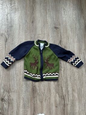 First Impressions Green and Navy Reindeer Zip Sweater